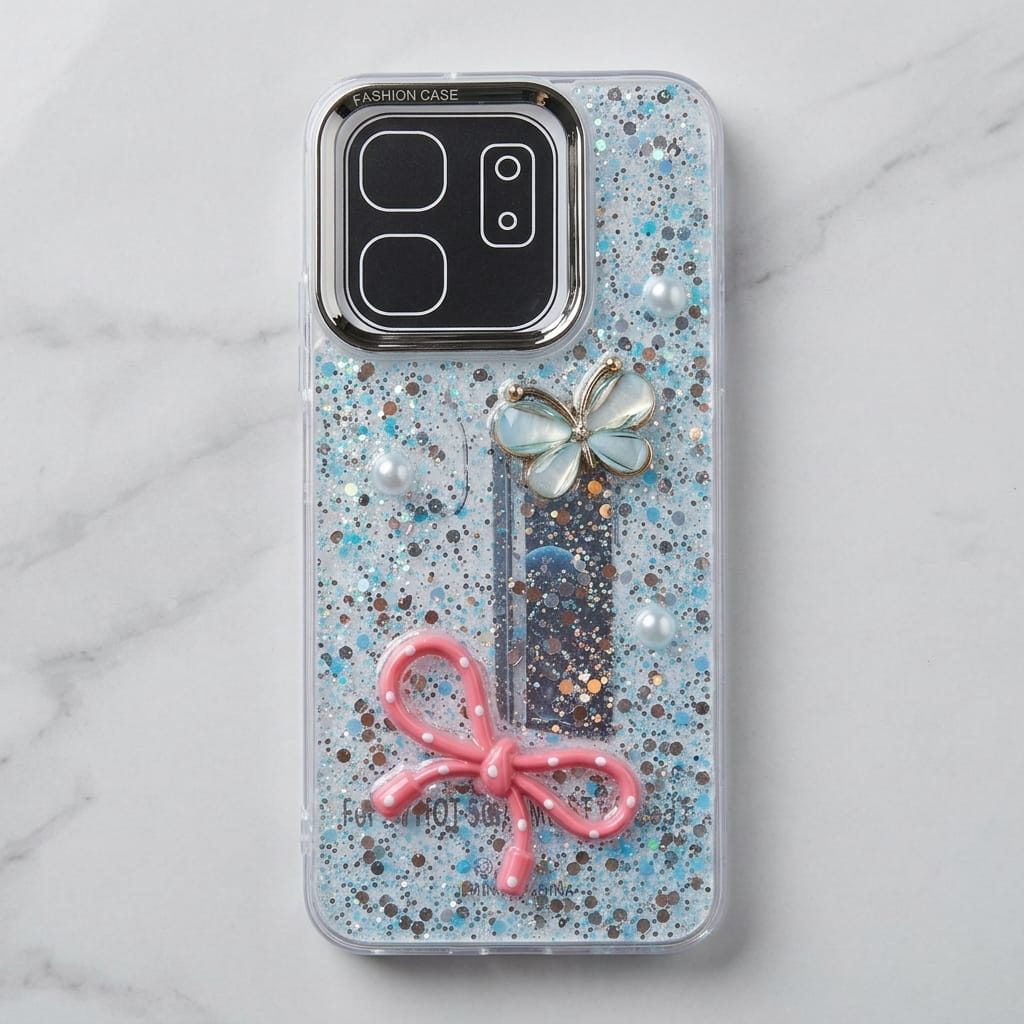 Glitter back phone case showing raised butterfly, bow and pearl-style decorations