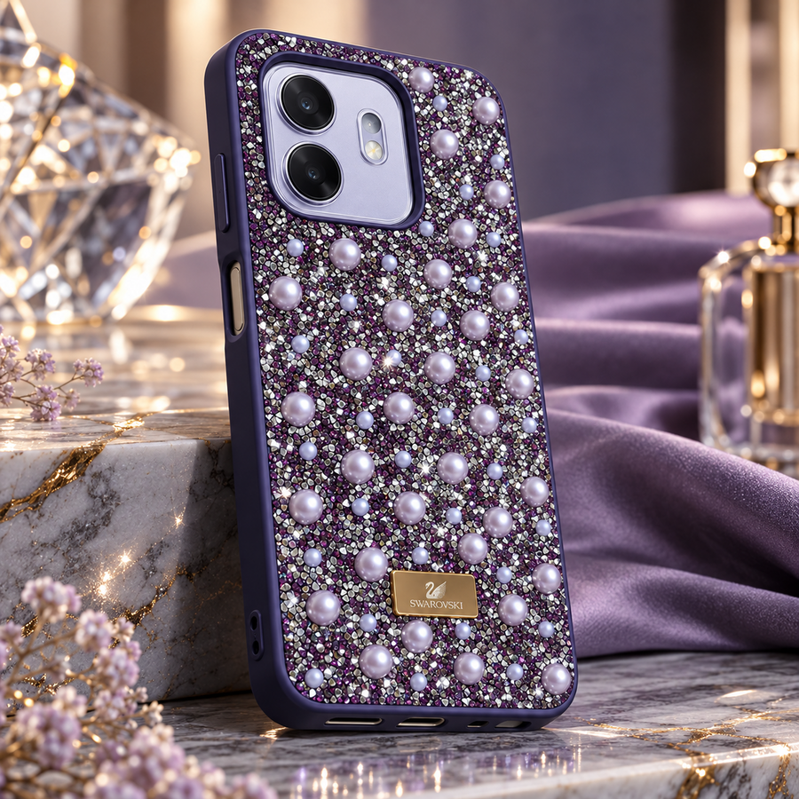 Lavender pearl and rhinestone-style fashion phone case with flexible TPU sides