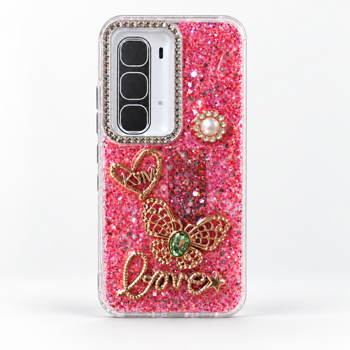 Hot Pink glitter butterfly phone case design with raised 3D charms, silver camera bezel and clear TPU sides