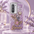 Purple glitter butterfly phone case design with raised 3D charms, silver camera bezel and clear TPU sides
