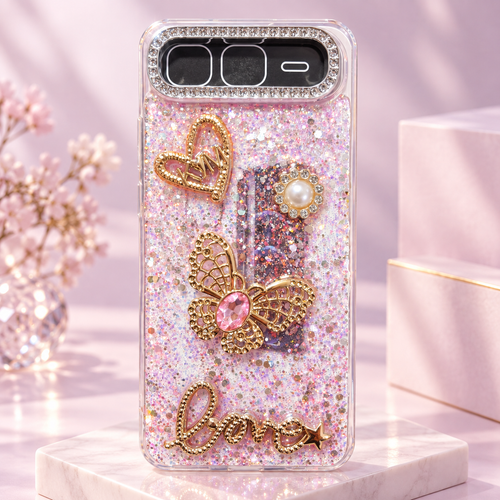 Pink glitter butterfly case for Infinix Smart 10 Plus with gold 3D decorations, pearl detail and raised camera bezel