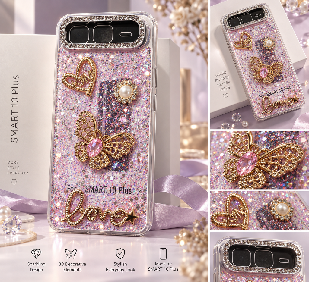 Infinix Smart 10 Plus pink glitter butterfly case infographic highlighting sparkling finish, 3D decorative elements and camera surround