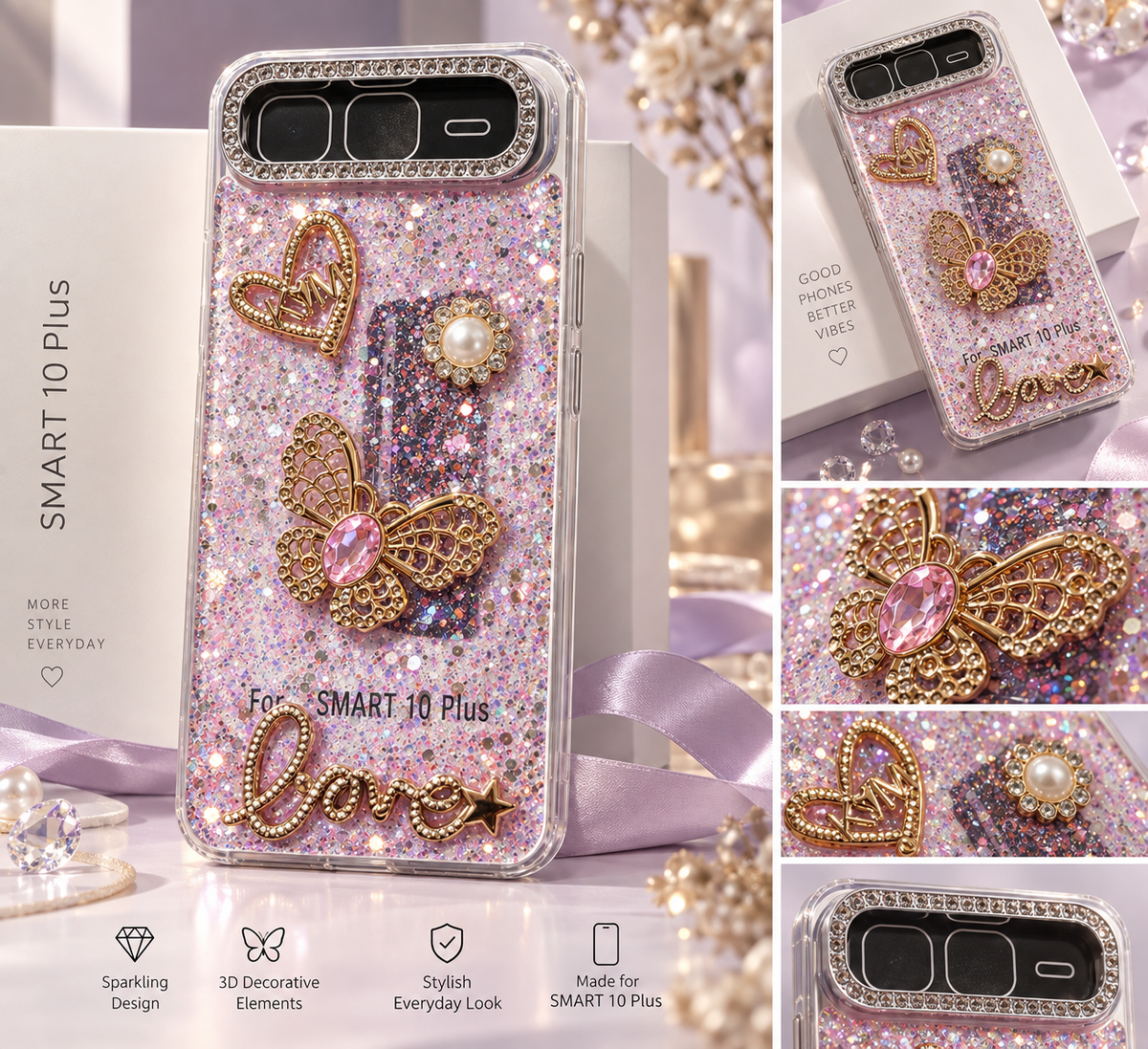 Infinix Smart 10 Plus pink glitter butterfly case infographic highlighting sparkling finish, 3D decorative elements and camera surround