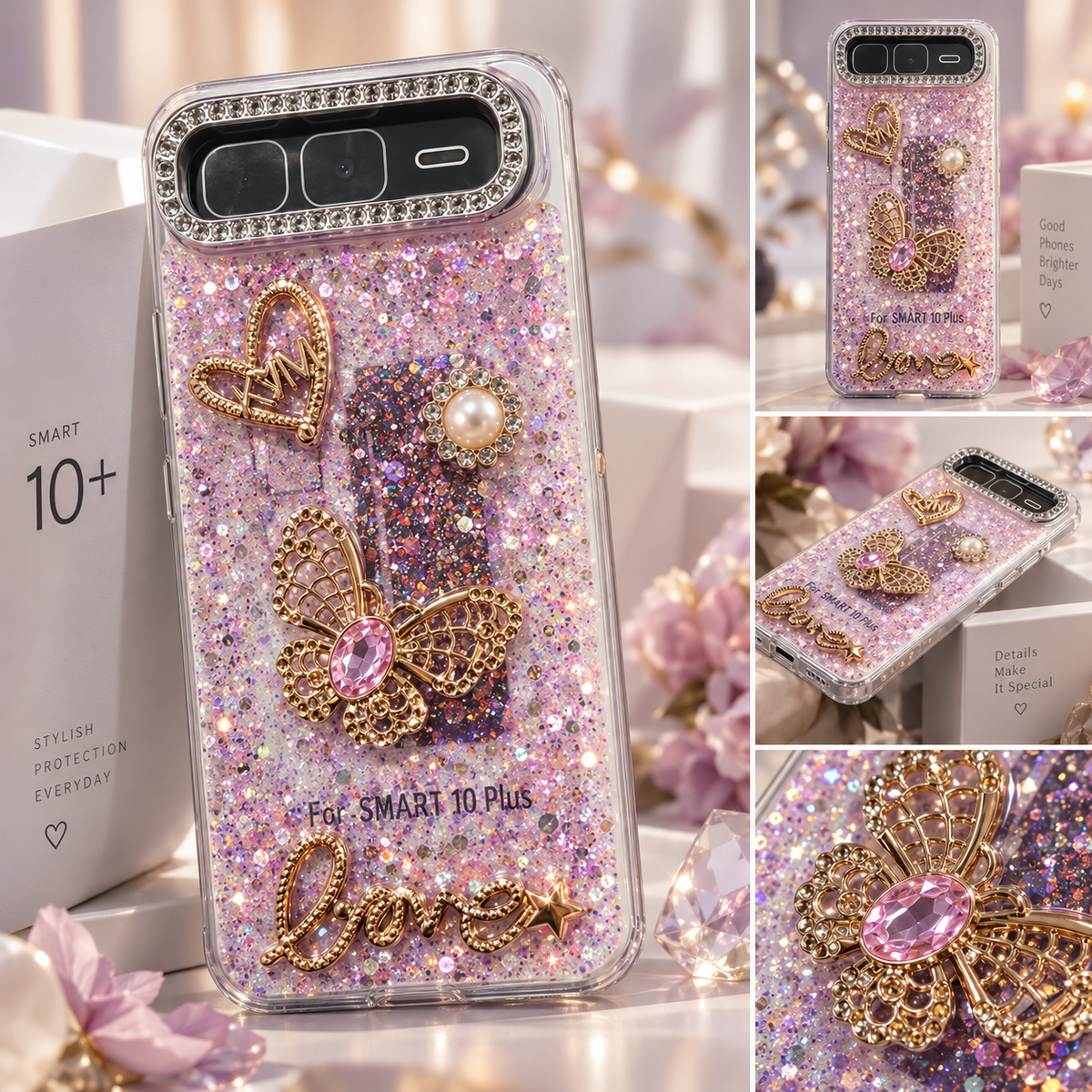 Infinix Smart 10 Plus purple glitter butterfly case infographic showing glitter finish, decorative butterfly details and camera surround