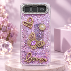 Purple glitter butterfly case for Infinix Smart 10 Plus with gold 3D decorations, pearl detail and raised camera bezel