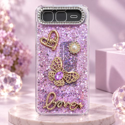 Purple glitter butterfly case for Infinix Smart 10 Plus with gold 3D decorations, pearl detail and raised camera bezel