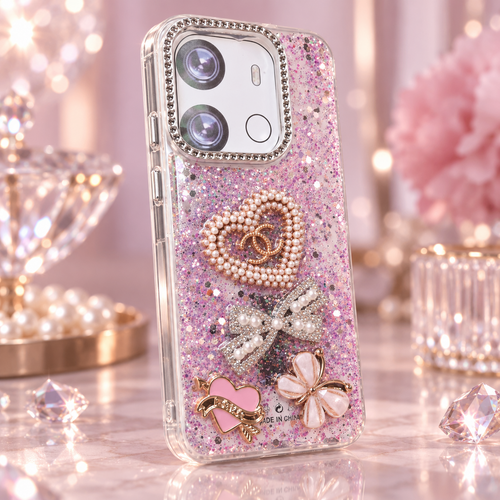 Infinix Smart 7 fancy glitter TPU case with pearl-style ring, rhinestone bow, butterfly and heart decorations, angled view