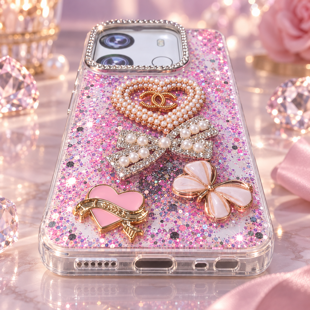 Close-up of Infinix Smart 7 glitter TPU case with pearl-style detail, sparkling bow, butterfly, heart and raised camera surround