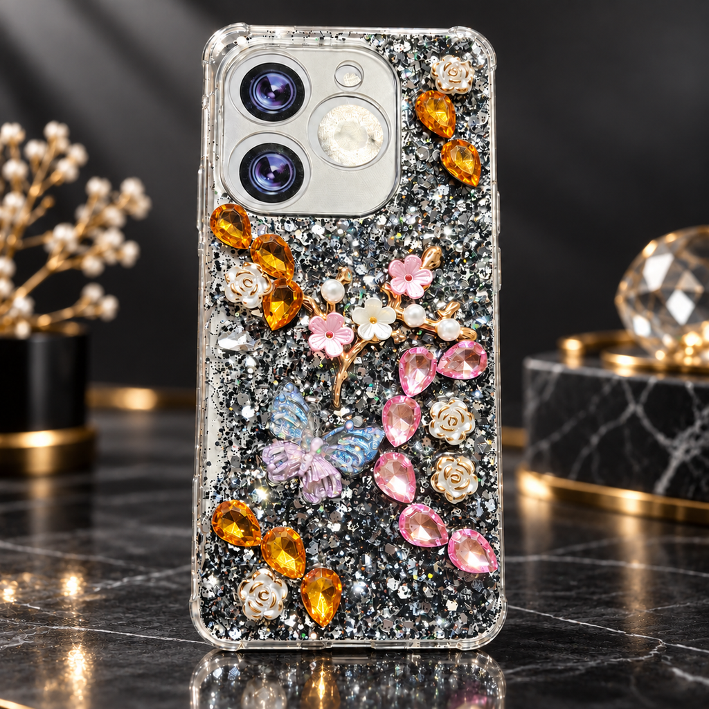 Infinix Smart 8 and Smart 8 Pro 3D glitter butterfly case with amber and pink gem-style accents