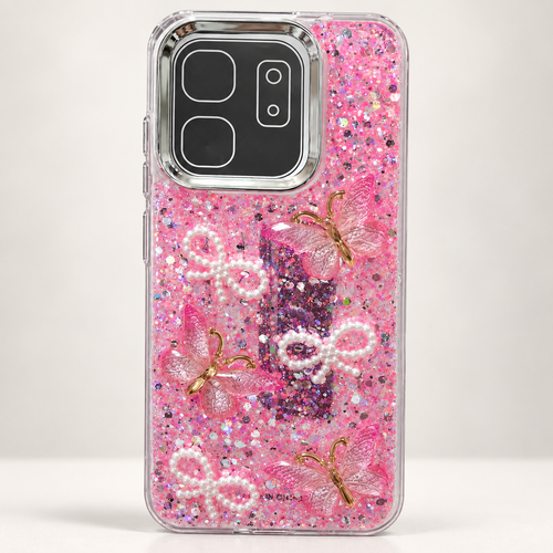 a decorated case with butterflies and pearls bow and glitter with pink glitters for girls on soft white background