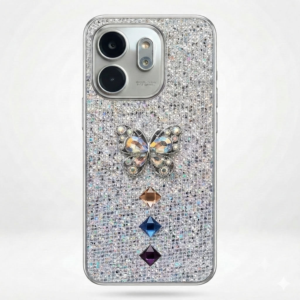 Silver 3D rhinestone butterfly glitter phone case