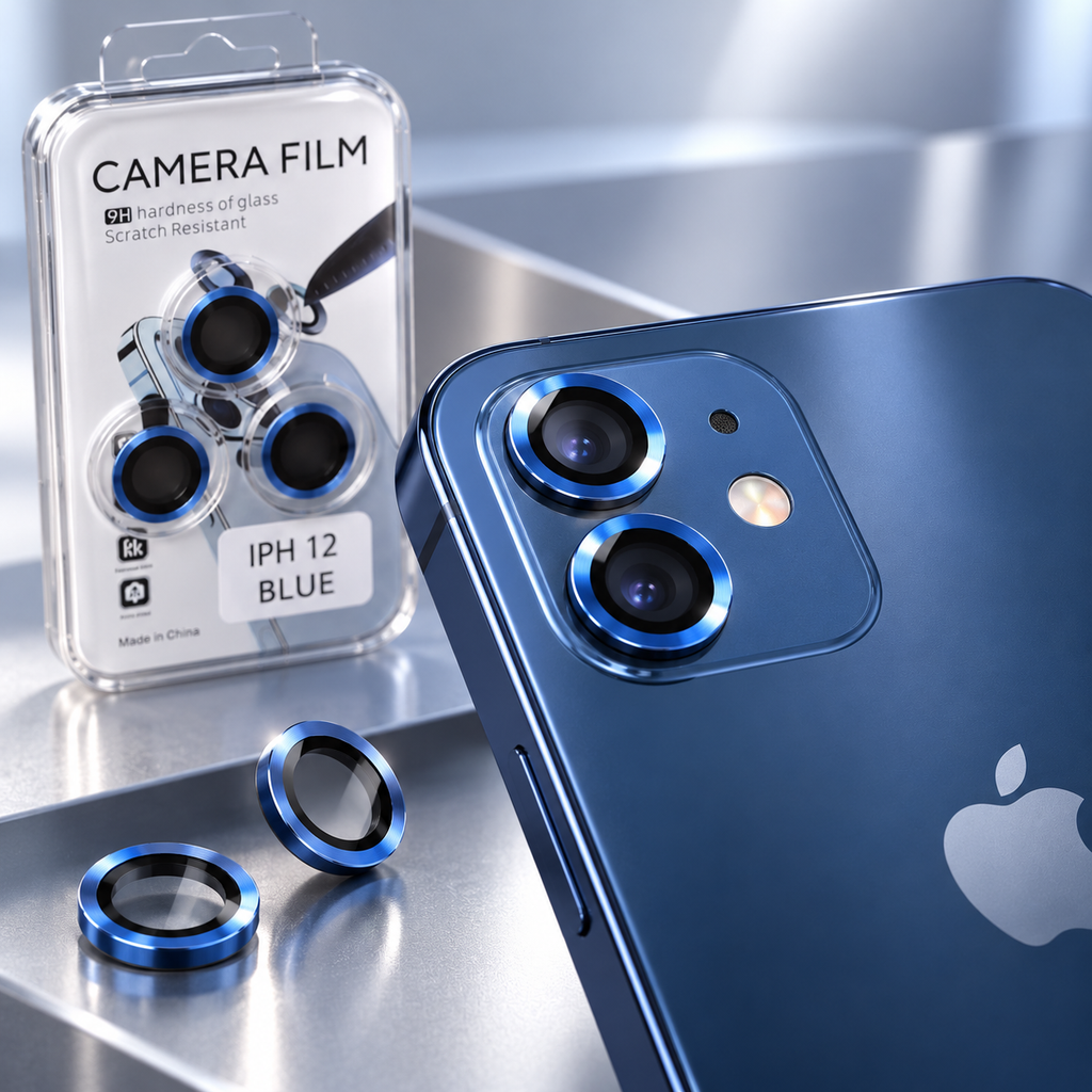 Blue camera lens protector rings shown installed on an iPhone 12 style dual camera module