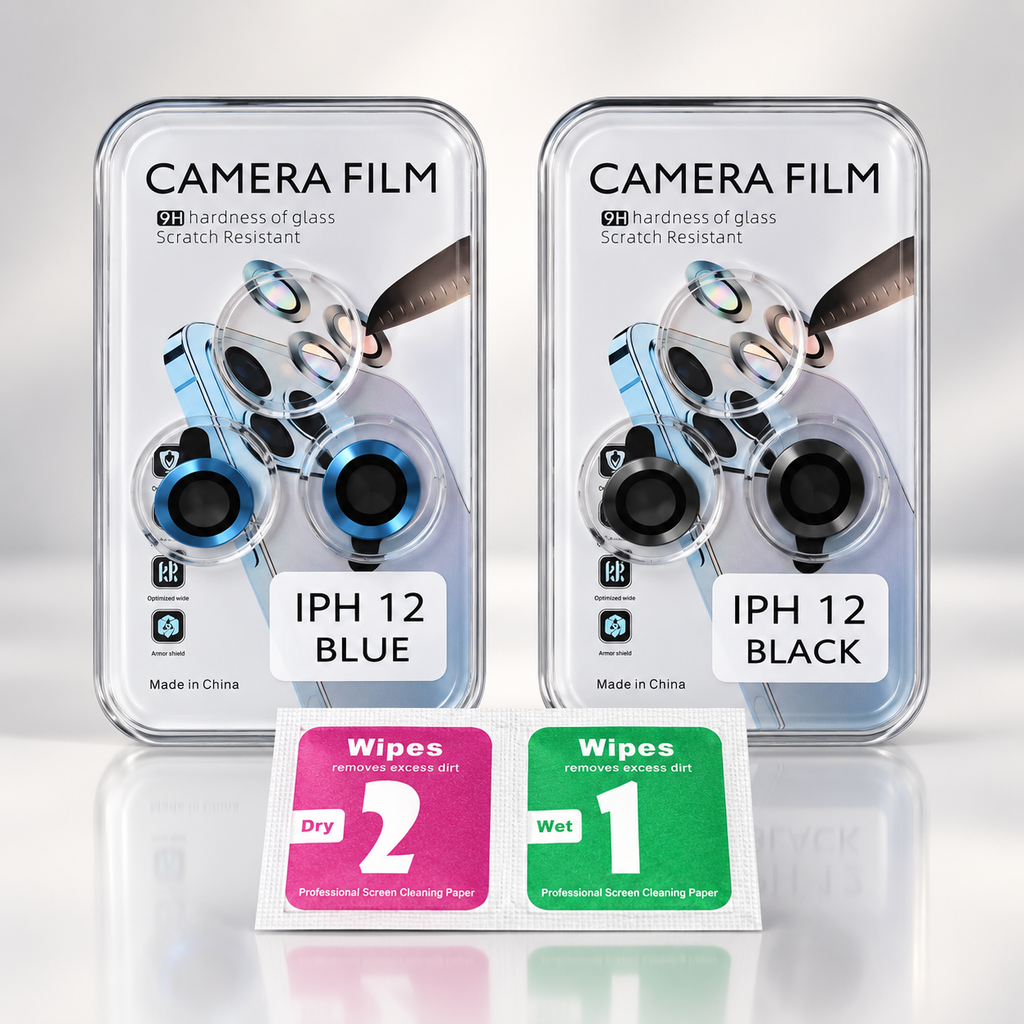 Two packages of camera lens for IPhone 12 glass, one labeled blue and one labeled black, shown with two individual wipes packets in front on a reflective white background.