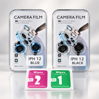 Two packages of camera lens for IPhone 12 glass, one labeled blue and one labeled black, shown with two individual wipes packets in front on a reflective white background.