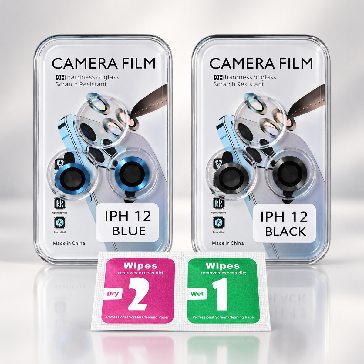 Two packages of camera lens for IPhone 12 glass, one labeled blue and one labeled black, shown with two individual wipes packets in front on a reflective white background.