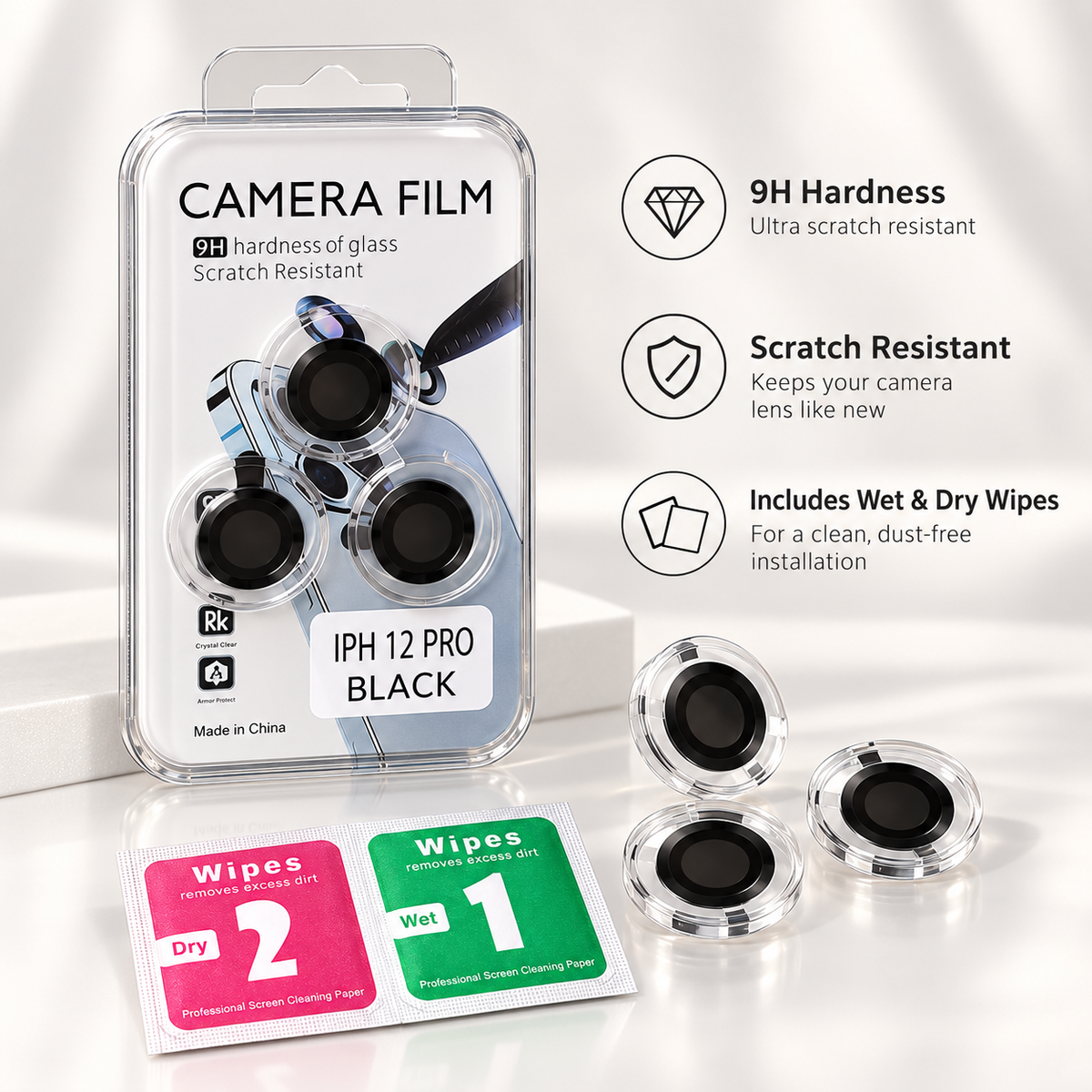 iPhone 12 Pro camera lens protector kit with three lens protectors and wet and dry cleaning wipes
