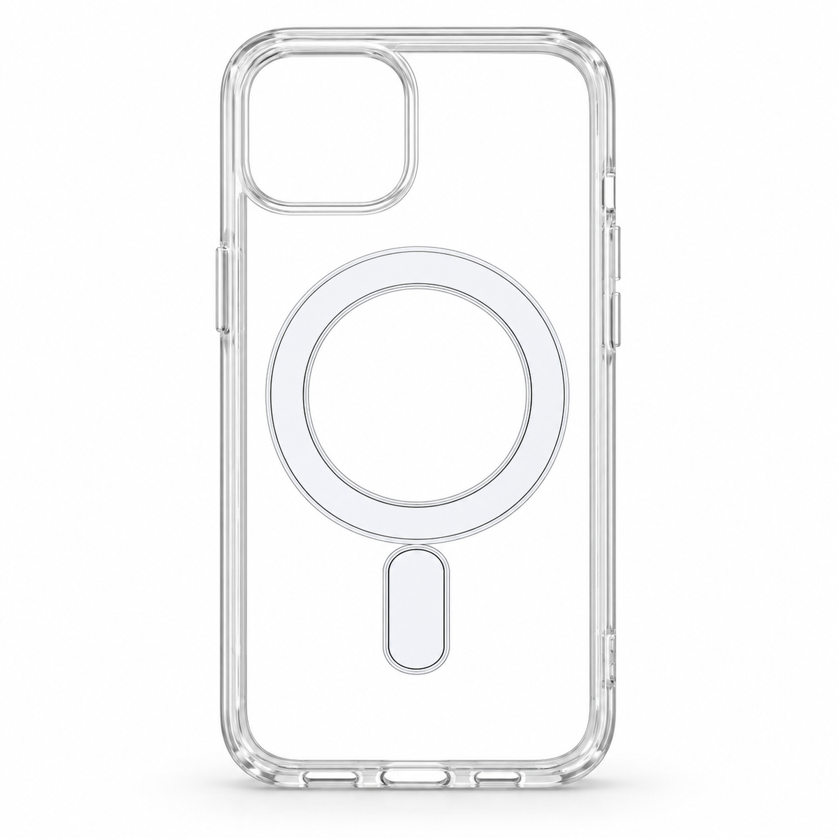 Clear hybrid phone cover for iPhone 13 and iPhone 14 with white circular ring, front product view