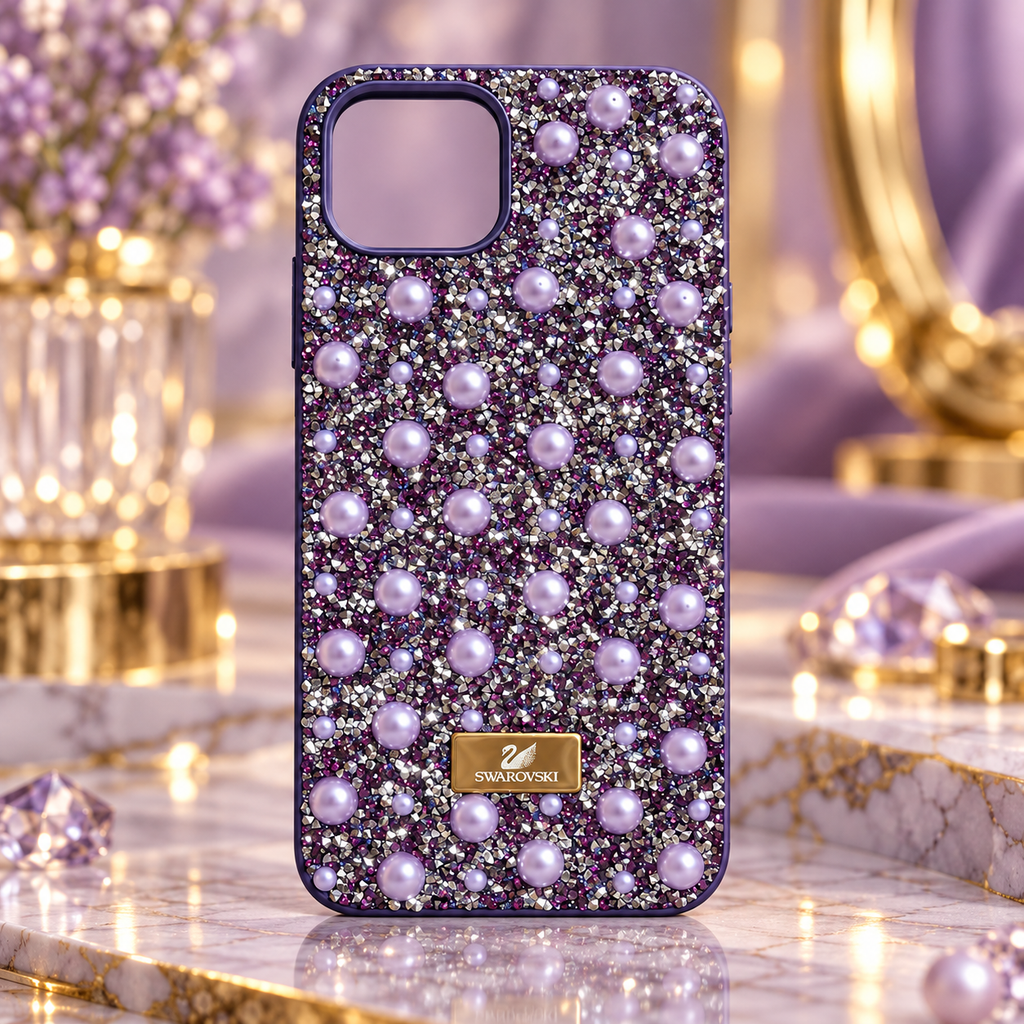 Lavender pearl and rhinestone TPU fashion case for iPhone 13 and iPhone 14