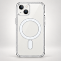 Clear hybrid case fitted on an iPhone-style dual-camera phone, showing transparent sides and white circular ring
