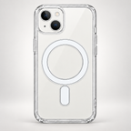 Clear hybrid case fitted on an iPhone-style dual-camera phone, showing transparent sides and white circular ring