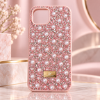 Light pink pearl and rhinestone TPU fashion case for iPhone 13 and iPhone 14