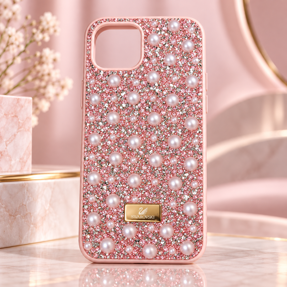 Light pink pearl and rhinestone TPU fashion case for iPhone 13 and iPhone 14