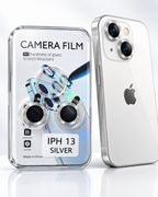 iPhone 13 silver camera lens protector set with concentric grooved rings and phone