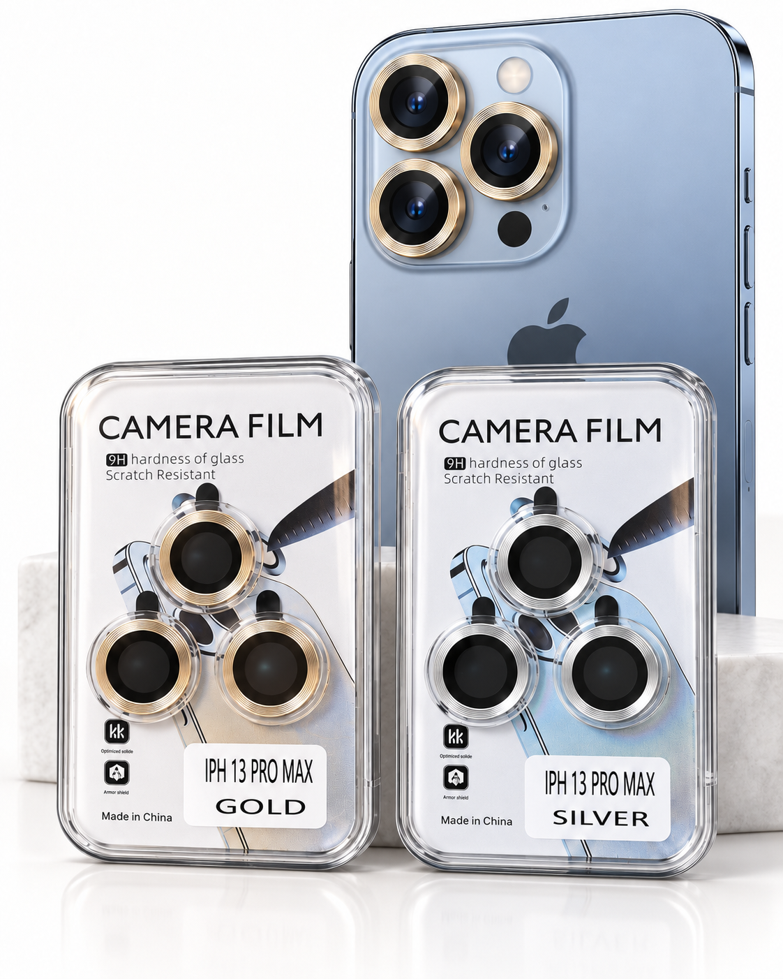 iPhone 13 Pro Max camera lens protector sets in gold and silver with concentric grooved rings