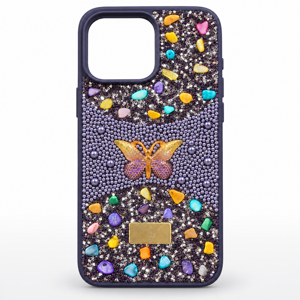 Purple luxury-style 3D butterfly silicone iPhone case with pearl beads, shiny rhinestone-style stones and glitter, rear studio view