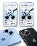 iPhone 14 camera lens protector sets in blue and black with concentric grooved rings