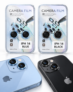 iPhone 14 camera lens protector sets in blue and black with concentric grooved rings