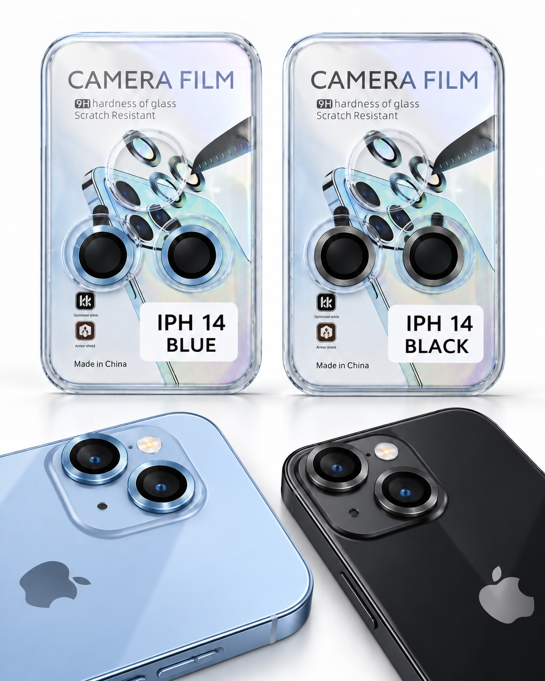iPhone 14 camera lens protector sets in blue and black with concentric grooved rings