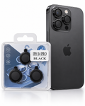 Three black camera lens protectors in a clear blister pack next to a black iPhone 14 Pro, with a label reading 'IPH 14 PRO BLACK'.