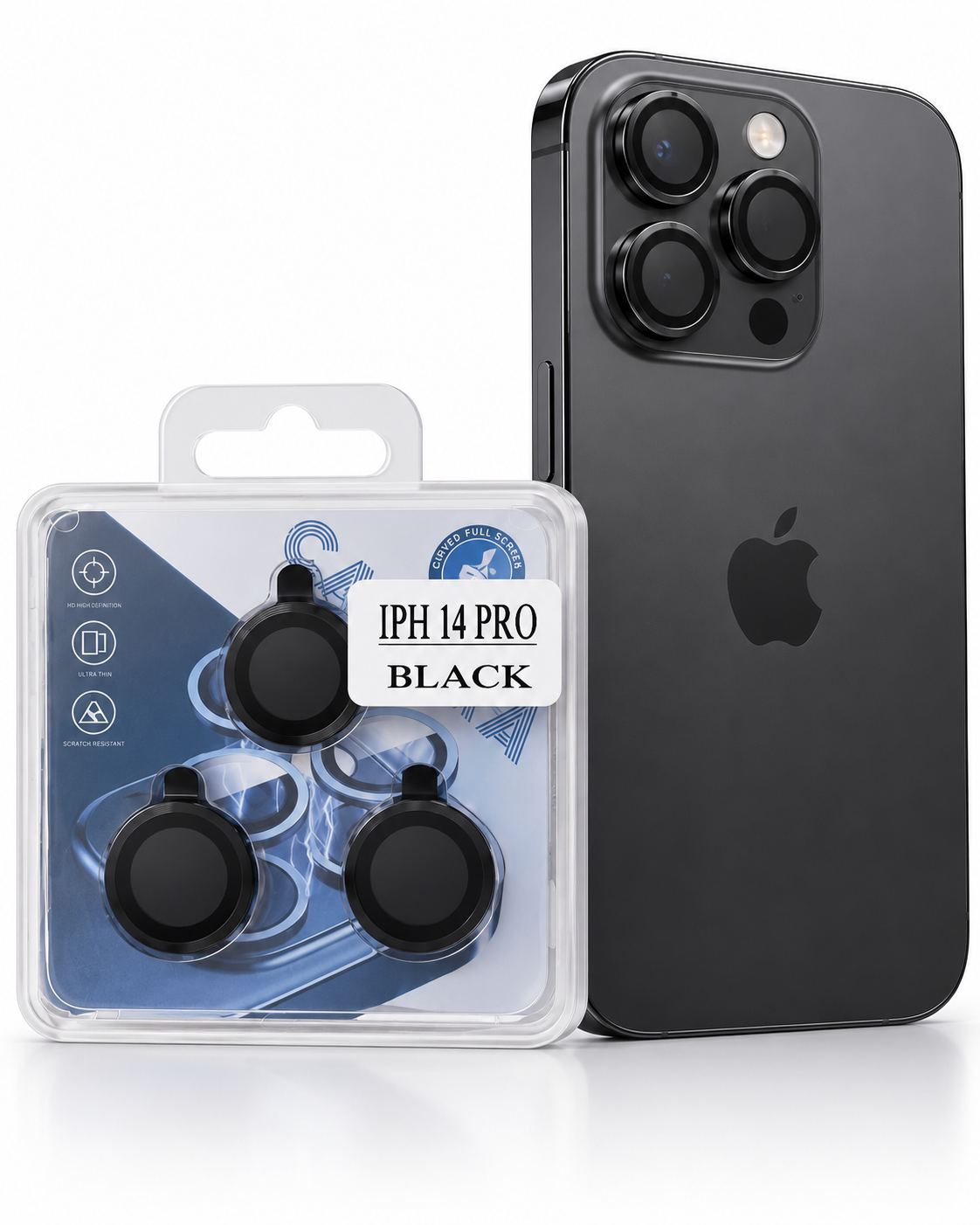 Three black camera lens protectors in a clear blister pack next to a black iPhone 14 Pro, with a label reading 'IPH 14 PRO BLACK'.