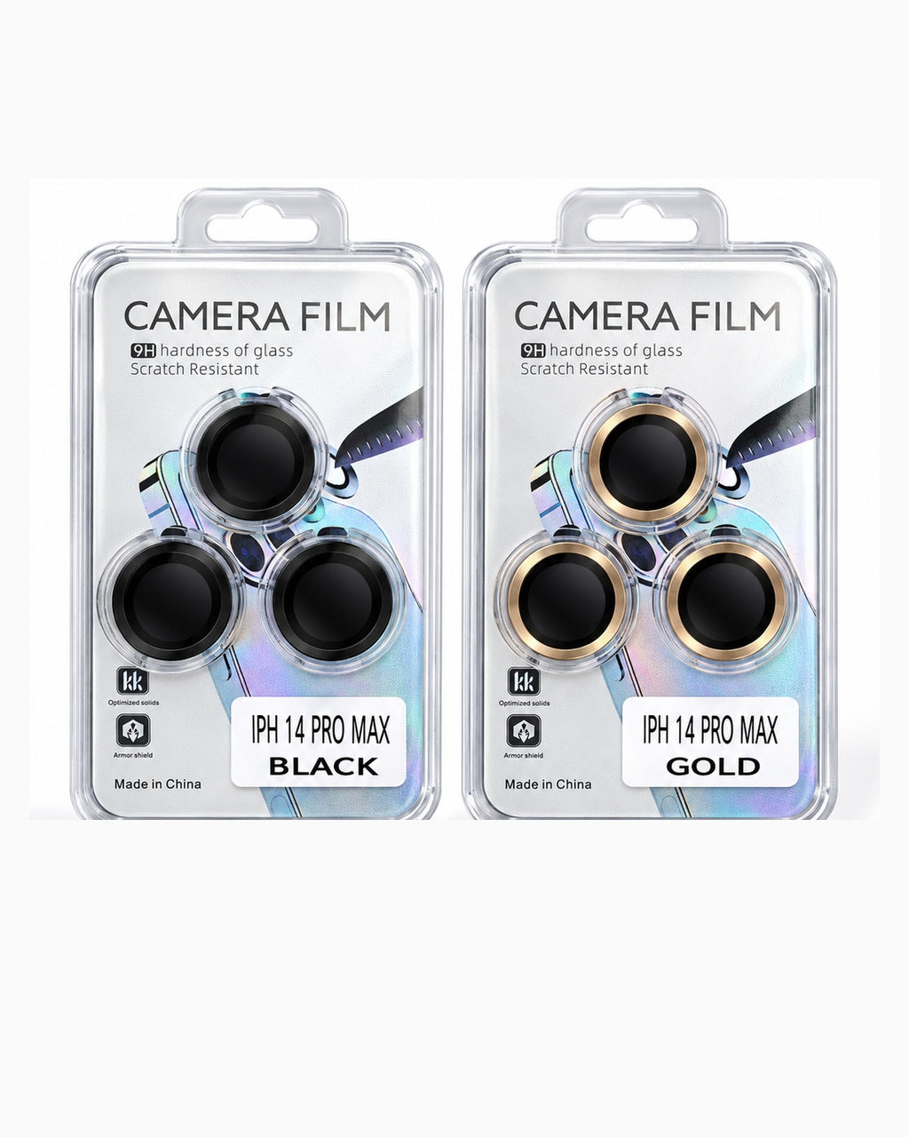 iPhone 14 Pro Max camera lens protector sets in Black and Gold with grooved metallic rings