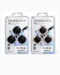 iPhone 14 Pro Max camera lens protector sets in Black and Gold with grooved metallic rings