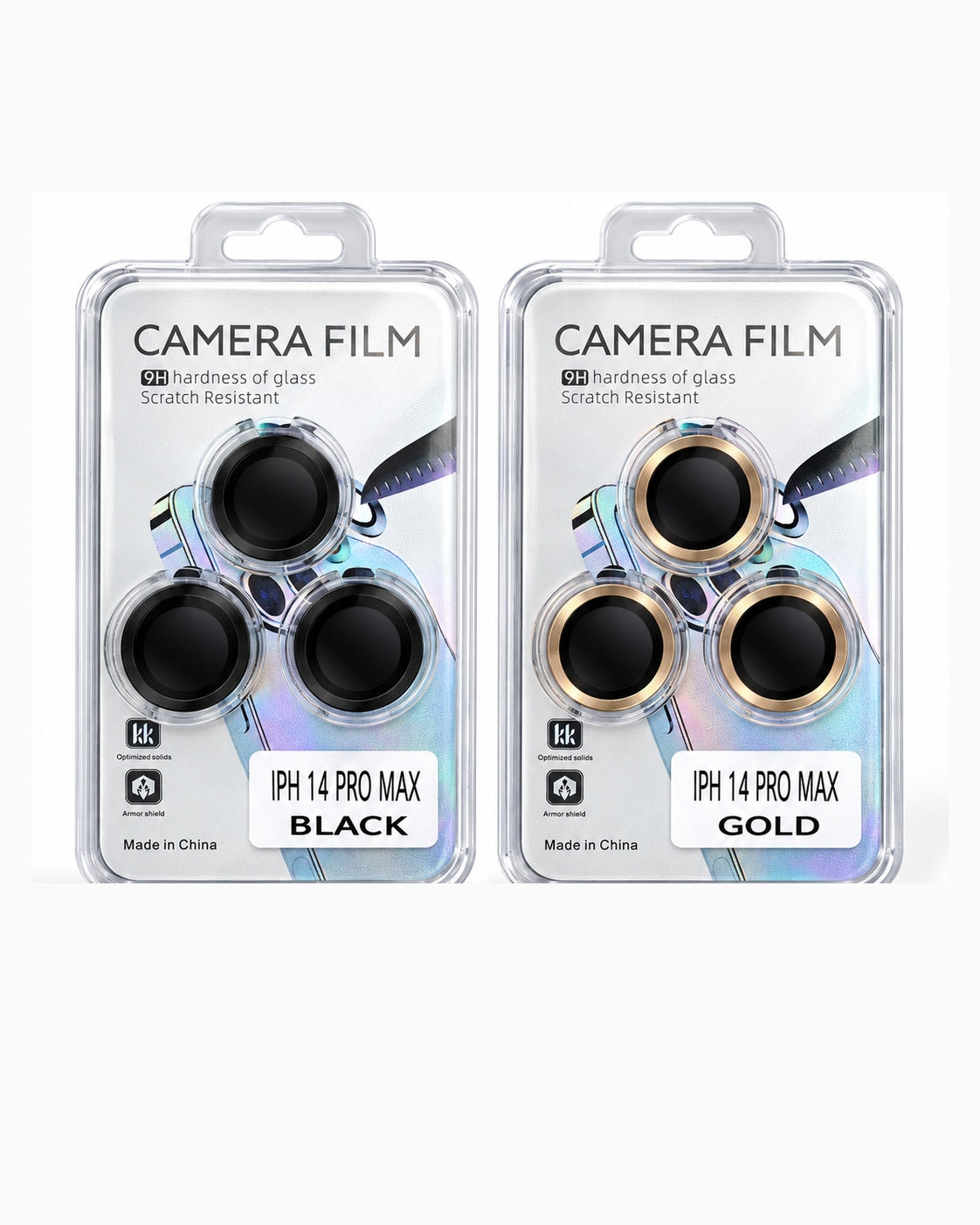 iPhone 14 Pro Max camera lens protector sets in Black and Gold with grooved metallic rings