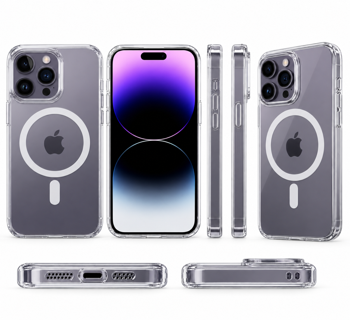 iPhone 14 Pro Max clear transparent magnetic case shown from rear, front, side and bottom views