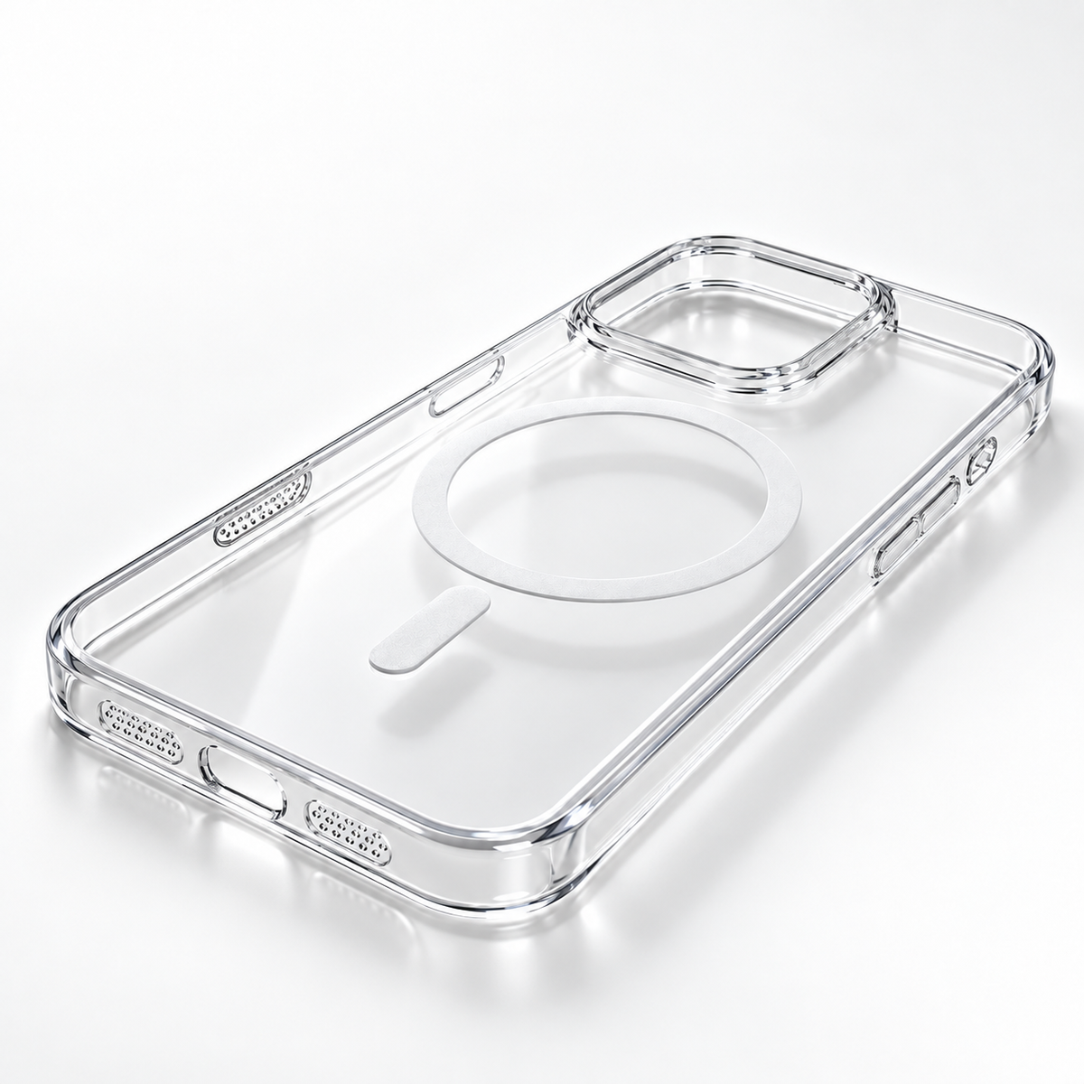 A transparent clear protective phone case for 14 pro max with a raised camera and MagSafe-compatible circular ring, shown on a white background.