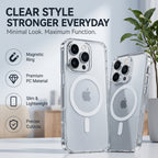 Clear transparent phone of iphone 14 pro max case shown on two silver iPhones, with marketing text and icons highlighting magnetic ring, premium PC material, slim lightweight design, and precise cutouts.