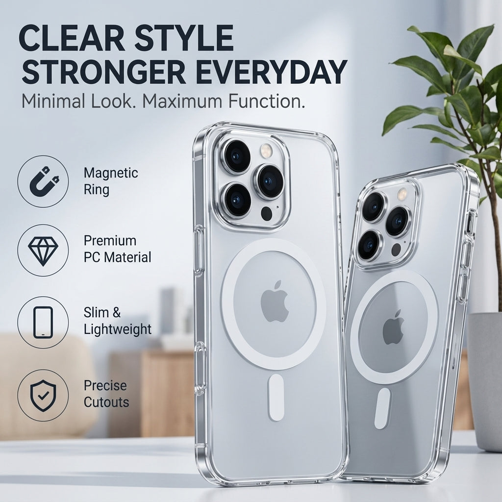Clear transparent phone of iphone 14 pro max case shown on two silver iPhones, with marketing text and icons highlighting magnetic ring, premium PC material, slim lightweight design, and precise cutouts.