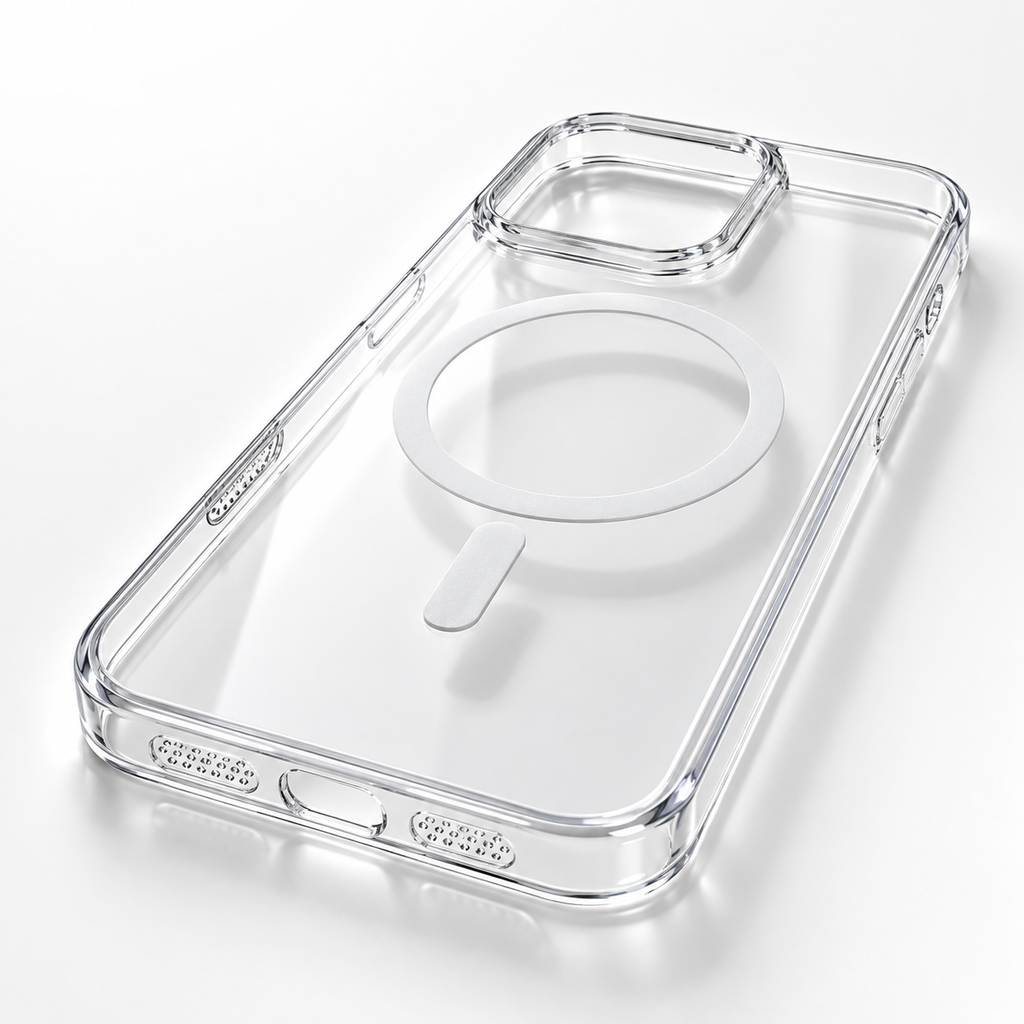 A clear, transparent protective phone case with a MagSafe-compatible circular magnetic ring, shown on a white background.