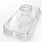 A clear, transparent protective phone case with a MagSafe-compatible circular magnetic ring, shown on a white background.