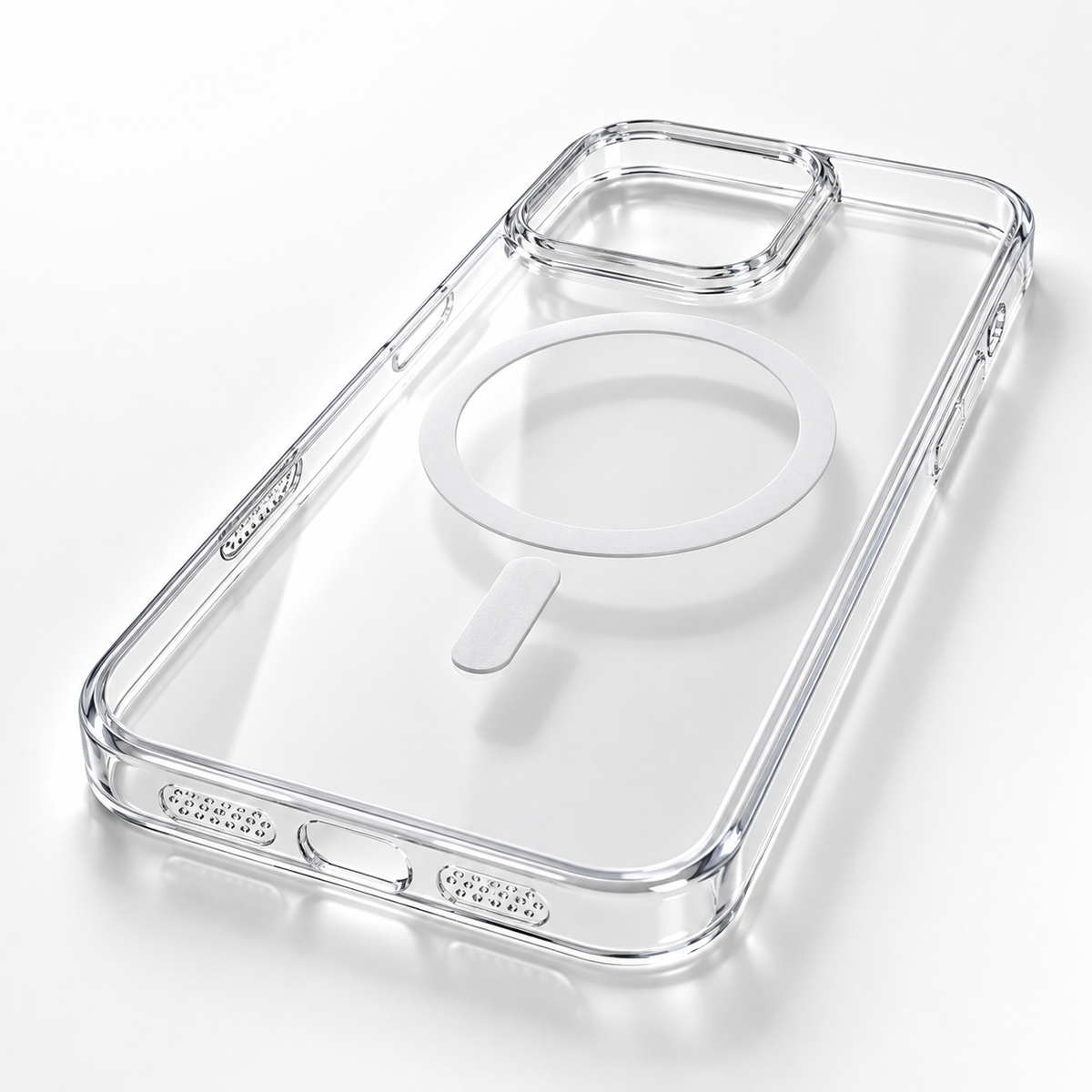 A clear, transparent protective phone case with a MagSafe-compatible circular magnetic ring, shown on a white background.