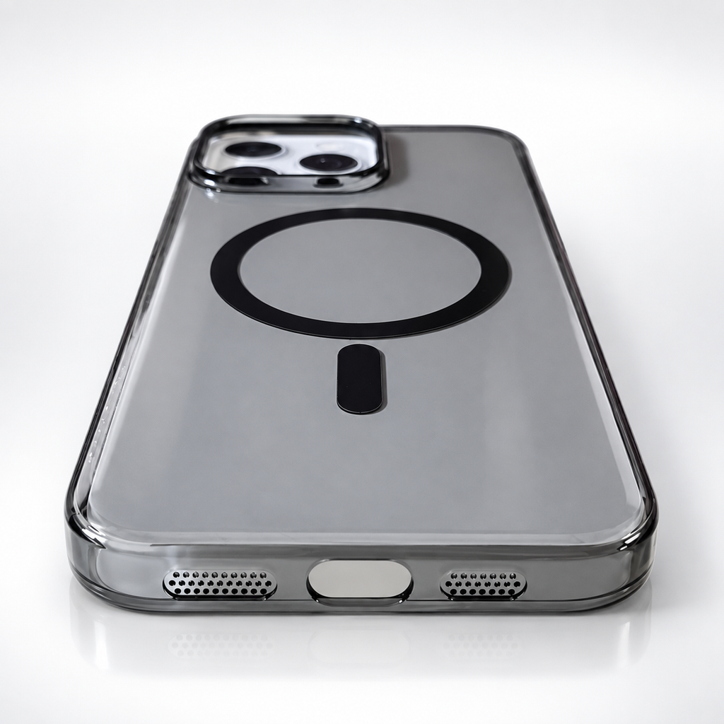 iPhone 16 Pro Max smoke clear hard PC magnetic case, rear studio view