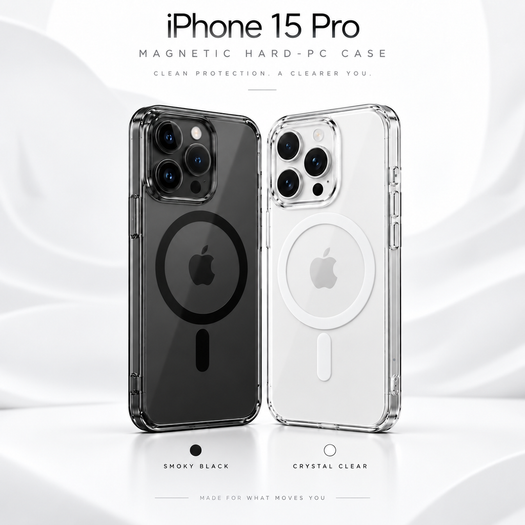 iPhone 15 Pro hard PC magnetic cases in clear and smoke black finishes