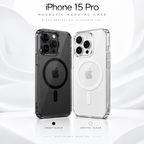 iPhone 15 Pro hard PC magnetic cases in clear and smoke black finishes