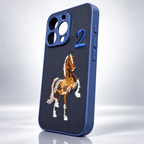 Navy blue iPhone 15 Pro embroidered horse case shown at an angle with side controls visible