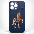 Navy blue iPhone 15 Pro case with textured synthetic leather back and embroidered horse design