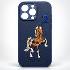 Navy blue iPhone 15 Pro case with textured synthetic leather back and embroidered horse design